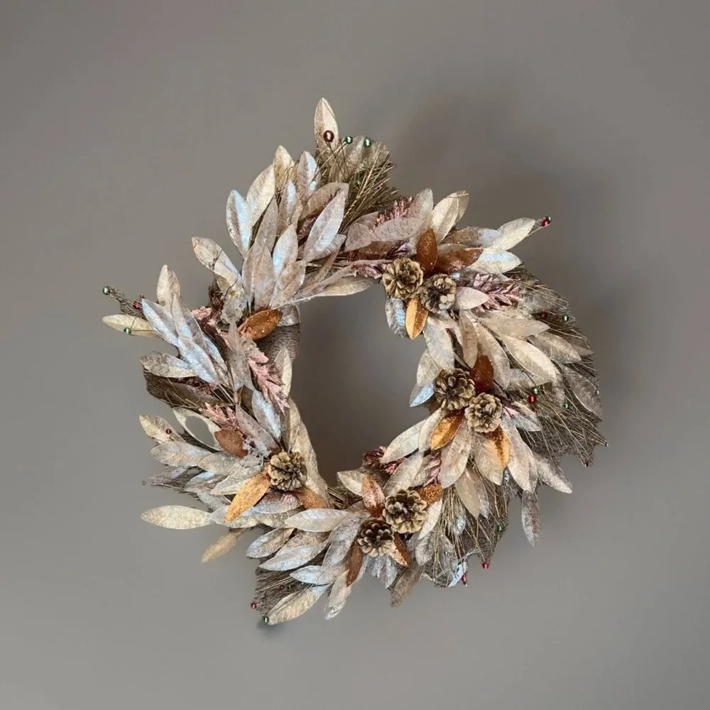 Handmade Festive Faux Wreath Door wall Decor Rattan Bells Gold Silver Pine